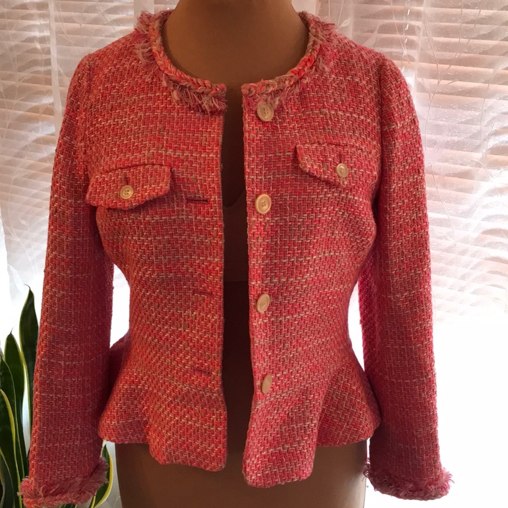 J. Crew pink boucle peplum form fitting blazer